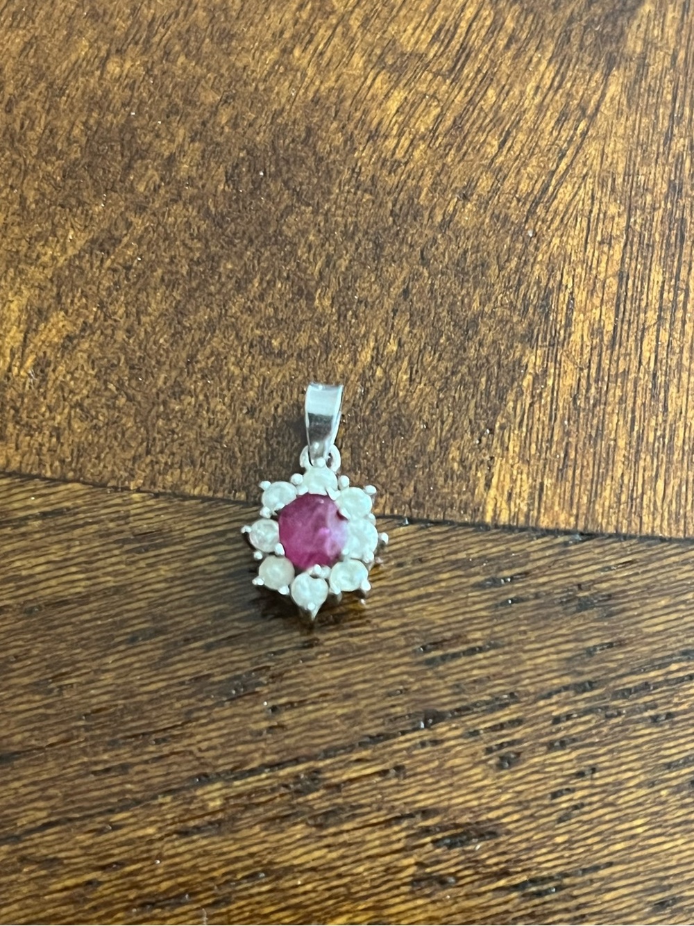 Silver Pendant with ruby  Center Stone and White Accents